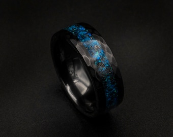 Anillo de boda de incrustación de ópalo de cerámica negra, Anillo de boda único, Anillo Galaxy Glowstone, Anillo Galaxy único, Anillo de boda personalizado