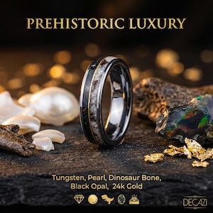 Perlen-Fossilisierter Knochen-Meteorit-Ring, Dinosaurier-Knochen-Ring, handgemachter Fossil-Schmuck, Herren-Ehering Unikat, Herren-Perlenband, Perlenschmuck