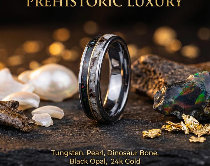 Pearl Fosilized Bone Meteorite Ring, Dinosaur Bone Ring, Handmade Fossil Jewelry, Mens Wedding Band Unique, Mens Pearl Band, Pearl Jewelry