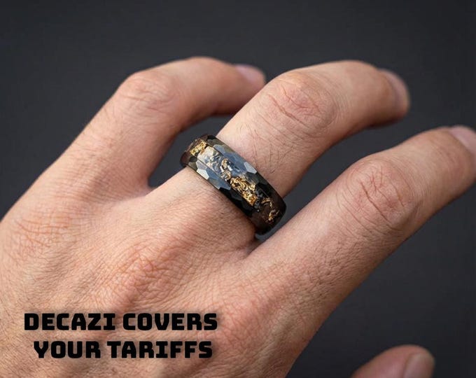 Goldleaf meteorite ring, mens wedding band, faceted goldleaf ring, Mens meteorite ring, black ceramic, valentines day, gift for him, unique.