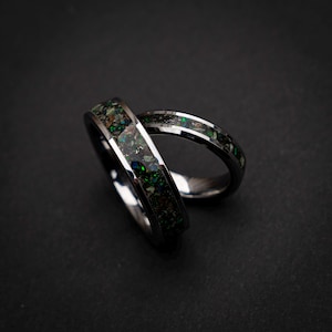 dinosaur fossil ring set, tungsten wedding band set, dark green opal ring, meteorite wedding band, glow inlay ring, unique couples ring set, engraved wedding rings, fossil gemstone ring, cosmic wedding band
