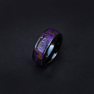 velociraptor fragments glow in the dark ring, mens wedding band, black ceramic ring, dinosaur bone ring, meteorite ring, engagement, Decazi
