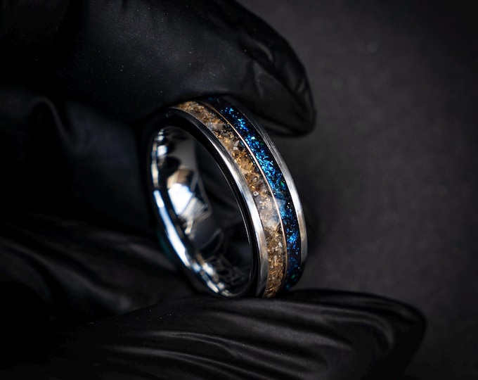 Silver Tungsten Galaxy Opal and Moonstone Ring with 18K Gold Wire | Dinosaur Bone & Gold Leaf Inlay | Unique Wedding Band or Ring Set