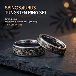 Op de afbeelding: Twee wolfraamringen met een meteoriet- en veelkleurige opaal-inleg. De ringen zijn 6 mm en 4 mm breed. De tekst op de afbeelding luidt "SPINOSAURUS TUNGSTEN RING SET" en "WITH CERTIFICATE".