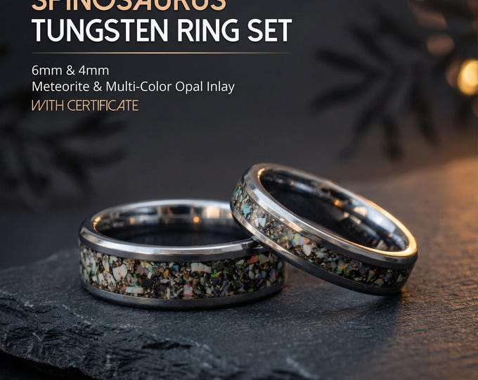 Spinosaurus Wedding Ring Set | Multi-Color Opal & Meteorite Inlay | Tungsten Comfort-Fit Couple Bands | Dinosaur Fossil Jewelry