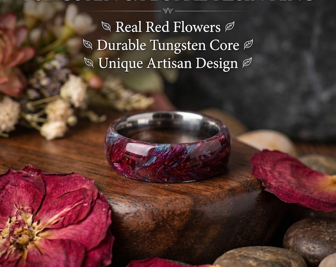 Handmade purple & white dried flower ring with a blue acrylic resin and an 8mm silver tungsten band. Perfect botanical wedding jewelry