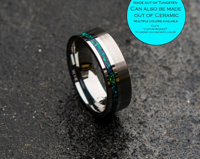 Tungsten ring for men. mens opal ring. Galaxy opal. male wedding ring. crushed opal ring. mens wedding ring. chameleon flakes.