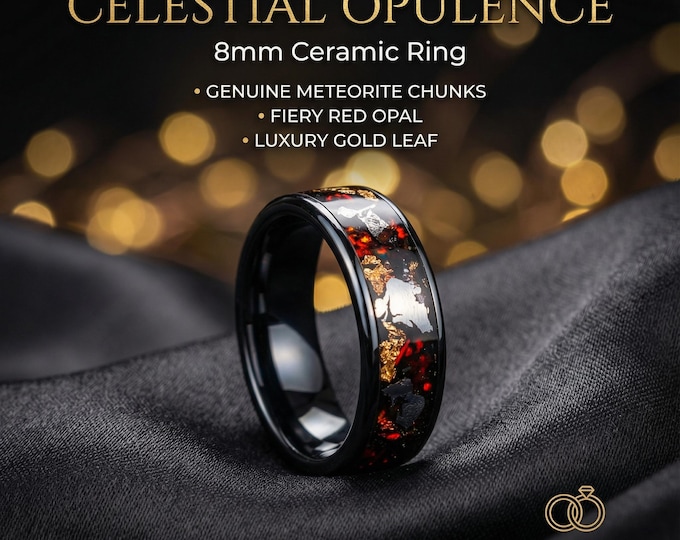 Red fire opal ceramic ring with muonionalusta meteorite chunks and 18K gold leaf, his and her, couples set | Decazi