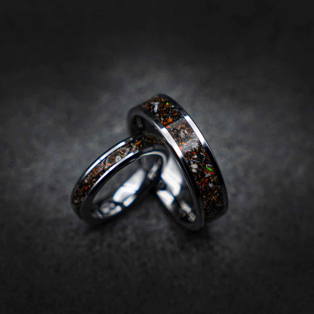 6mm Dinosaur Bone Wedding Ring Set With Mexican Fire Opal and Meteorite ...