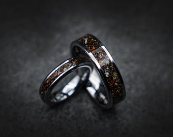 Bague de mariage en os de dinosaure de 6 mm sertie d’opale de feu mexicaine et de copeaux de météorite, bagues de meilleur ami, ensemble de bagues de couple, bague de couples | Decazi