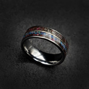 opal amethyst ring with meteorite, mens wedding band, mens engagement ring, amethyst gold ring, decazi