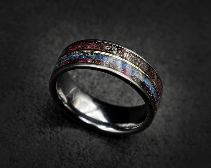 opal amethyst ring with meteorite, mens wedding band, mens engagement ring, amethyst gold ring, decazi