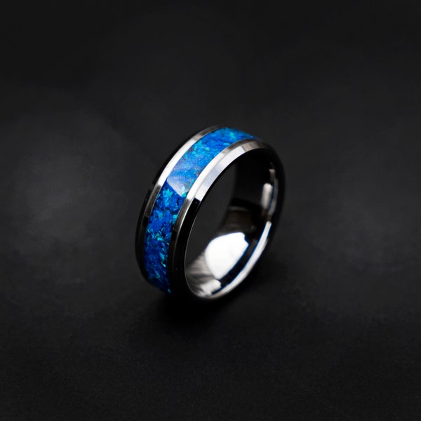 Bague opale bleue avec lueur bleue dans le noir, bague en tungstène de 8 mm, alliance faite à la main, bague opale hommes, bague de fiançailles opale | Decazi