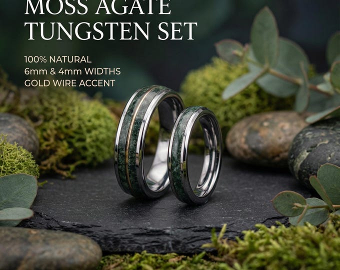 Couples ringset with Moss agate, engagement ring, moss agate jewelry, moss agate wedding ring set, green moss agate ring, rings moss agate