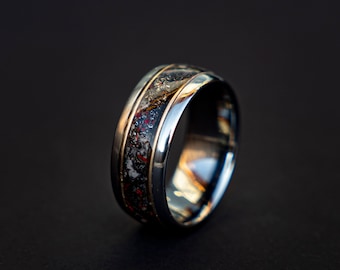 Anillo de bodas para hombres, anillo para hombres, anillo de meteorito, anillo de bodas para hombres, anillo de compromiso para hombres, hombres con anillo de meteorito, anillo de 10 mm, anillo de ópalo rojo.