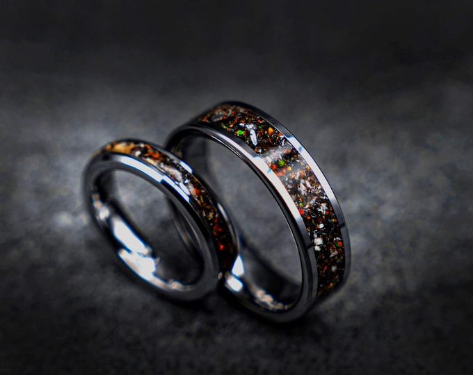 6mm Dinosaur bone wedding ring set with Mexican fire opal and meteorite shavings, Best friend rings, couple ring set, couples ring | Decazi