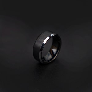 8mm Mens Black brushed Tungsten Ring with Silver polished Edges, 8mm Wedding Band, Womens Engagement, Promise Ring, Mens Black Ring | Decazi