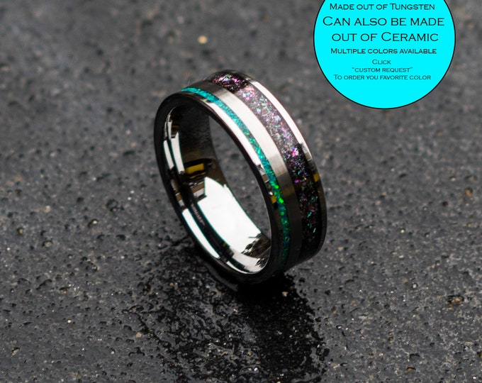 Tungsten ring for men. mens opal ring. Galaxy opal. male wedding ring. crushed opal ring. mens wedding ring. chameleon flakes.