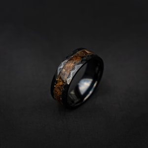 Velociraptor fragments in a black ceramic faceted hammered band, engagement ring, mens ring, handmade wedding band, mens wedding band