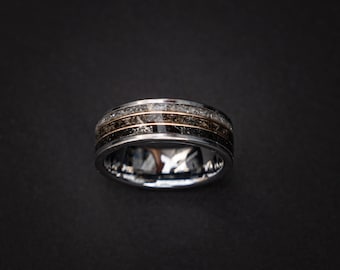 Unique Tungsten Dinosaur Meteorite Moonstone Ring, Dinosaur Bone Ring, Mens Wedding Band, Luxury Fossil Wedding Band, Gold Wire Detail