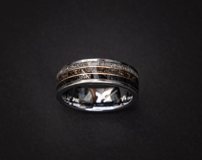 Unique Tungsten Dinosaur Meteorite Moonstone Ring, Dinosaur Bone Ring, Mens Wedding Band, Luxury Fossil Wedding Band, Gold Wire Detail