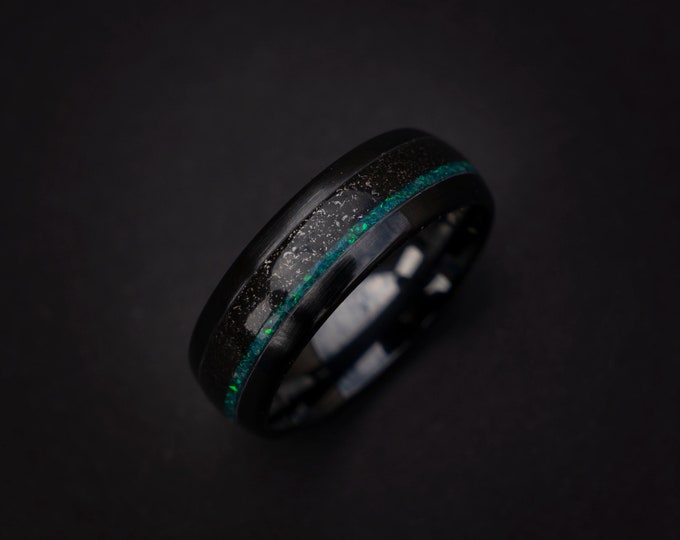 Black galaxy ceramic ring, wedding, mens wedding band, opal ring, blue opal ring, tungsten ring, meteorite, meteorite ring, ceramic ring.