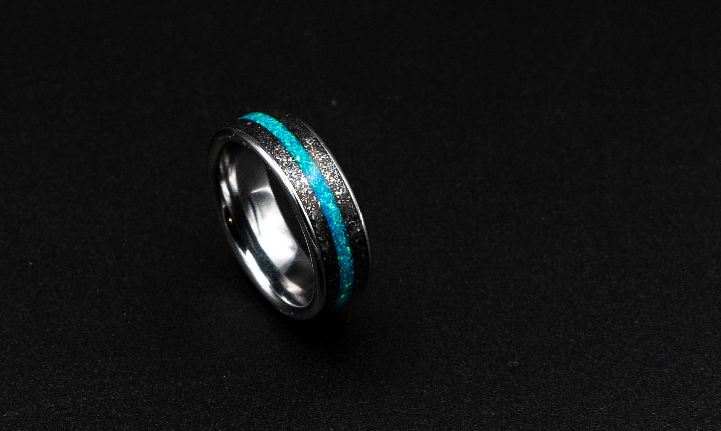 Meteorite opal ring, Tungsten mens ring, mens wedding band