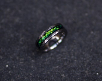 Green opal ring, female wedding band, mens wedding band, opal engagement ring, handmade, boyfriend gift, meteorite, personalized ring.