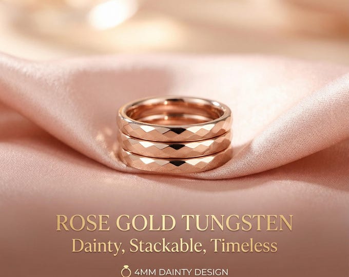Rose Gold 4mm Faceted Tungsten Ring - womens Wedding Band, Womens Engagement, Men's Ring, Promise Ring, female engagement ring | Decazi