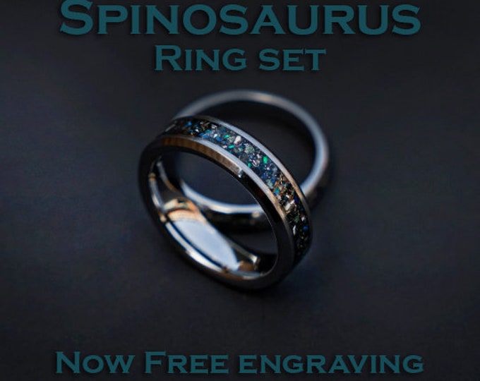 Spinosaurus wedding ring set with Blue galaxy opal and meteorite dust, Best friend rings, couple ring set, couples ring | Decazi