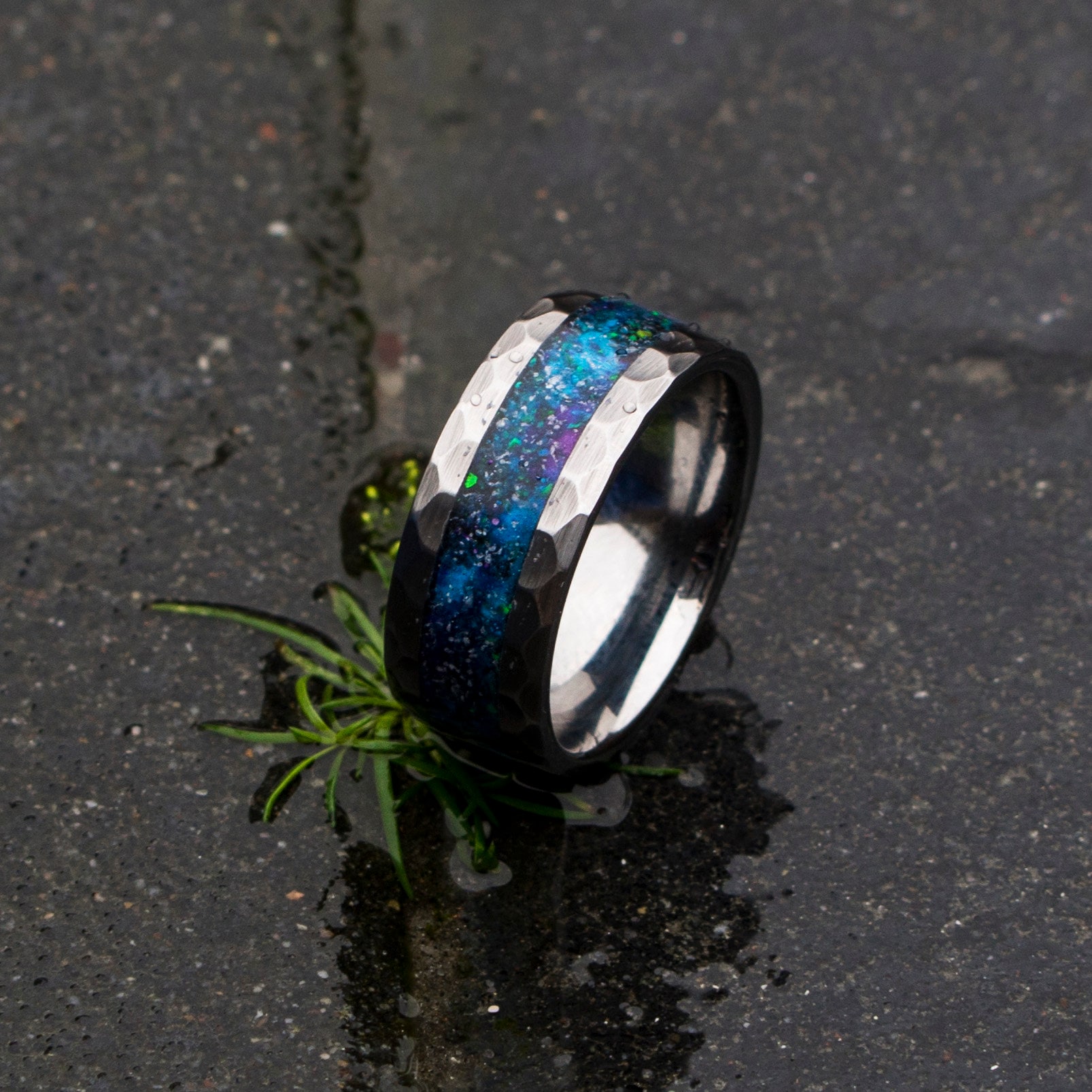 mens opal ring. Galaxy opal. Tungsten ring for men. meteorite opal ring. Hammered. wedding band