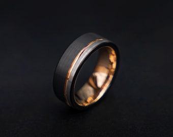 Bague en tungstène noir 2 tons 8 mm avec rainure en or Hommes, Femmes, Bague de mariage, Alliance, Bague de fiançailles, Bague de promesse, Bague pour hommes | Decazi