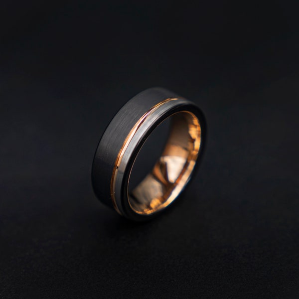 Bague en tungstène noir 2 tons 8 mm avec rainure en or Hommes, Femmes, Bague de mariage, Alliance, Bague de fiançailles, Bague de promesse, Bague pour hommes | Decazi