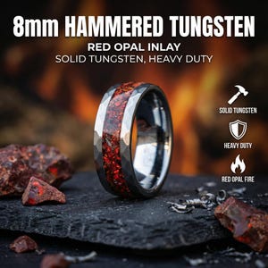 Hammered Tungsten Ring with Ruby Red Opal Inlay – Men's Crushed Opal Wedding Band – Faceted Durable Engagement Ring – Unique Ring for Him