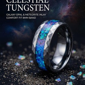 mens opal ring. Galaxy opal. Tungsten ring for men. meteorite opal ring. Hammered. wedding band men. ring with opal inlay 8mm ring