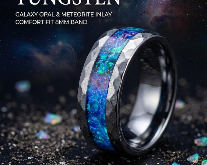 mens opal ring. Galaxy opal. Tungsten ring for men. meteorite opal ring. Hammered. wedding band men. ring with opal inlay 8mm ring