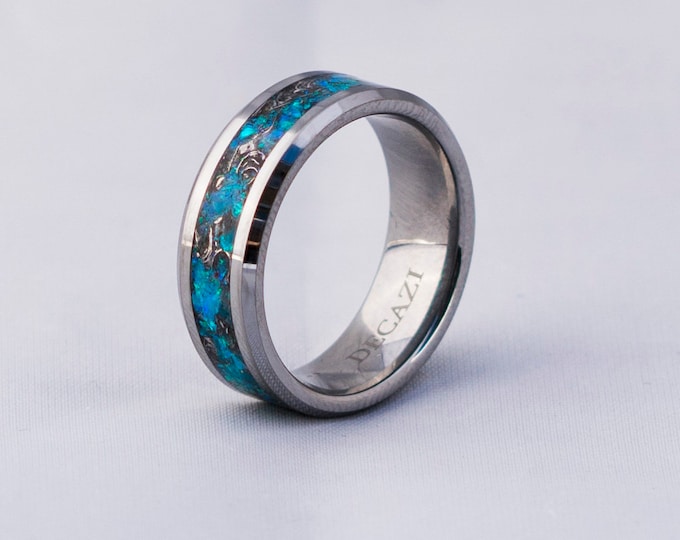 mens opal ring. Tungsten ring for men. meteorite opal ring. unique opal ring. unique tungsten ring