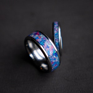 The Orion Nebula wedding ring set with Blue/pink galaxy opal and white glow dust, Best friend rings, couple ring set, couples ring | Decazi