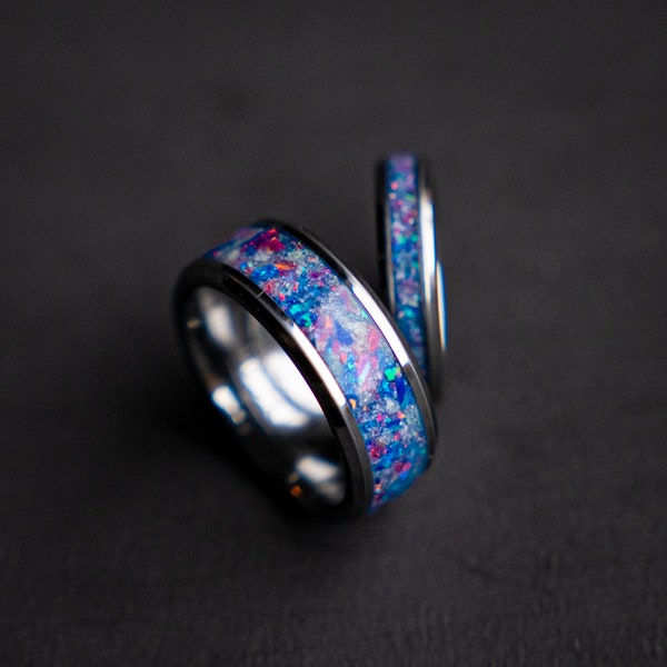 The Orion Nebula wedding ring with Blue/pink galaxy opal and white glow dust, Best friend ring,  | Decazi