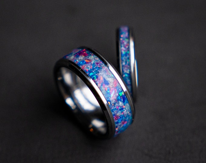 The Orion Nebula wedding ring set with Blue/pink galaxy opal and white glow dust, Best friend rings, couple ring set, couples ring | Decazi