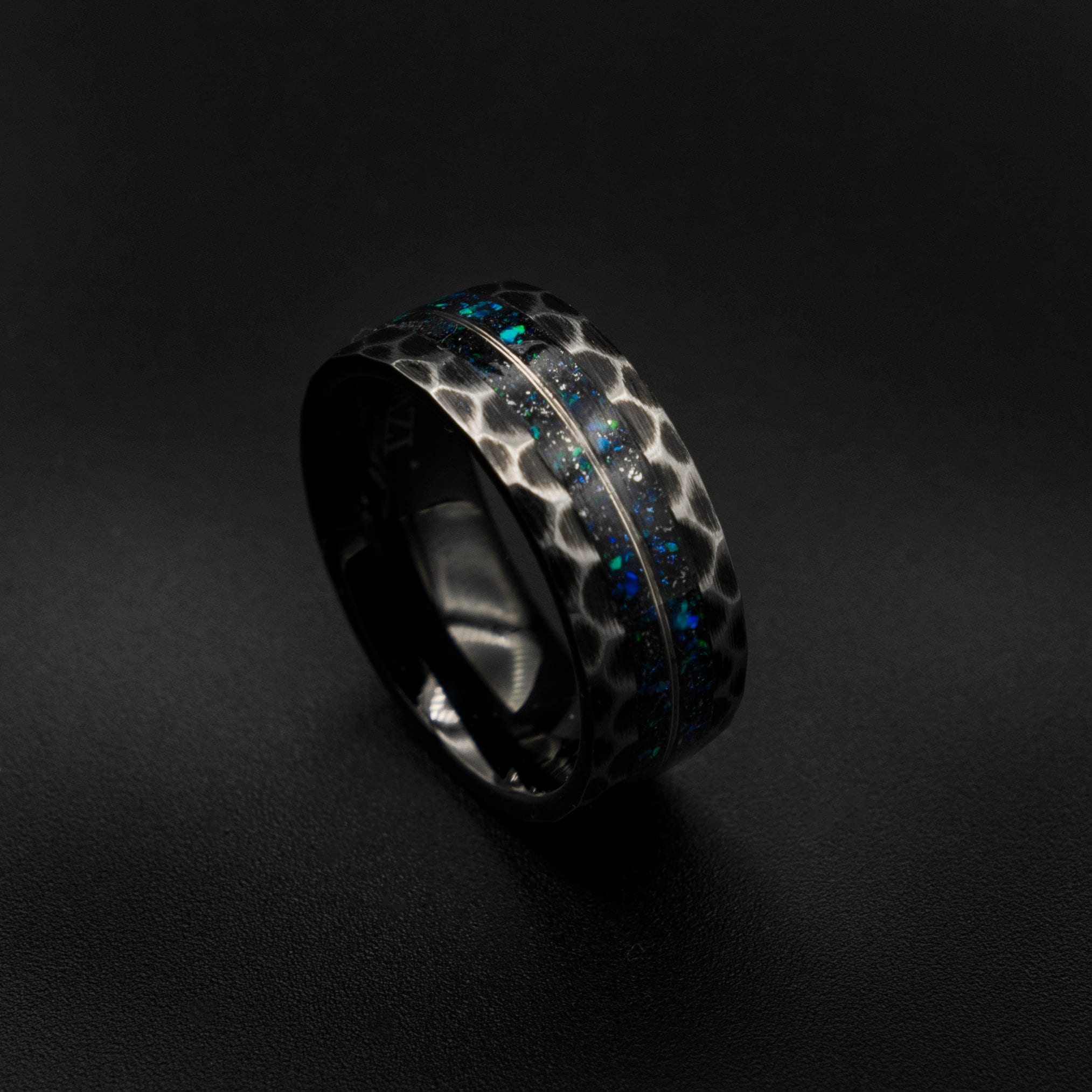 galaxy opal ring, mens opal ring, Black tungsten ring