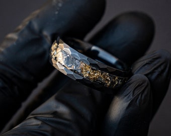 Hammered Meteorite ring Gold Leaf ring, Black Hammered wedding Ring, Hammered Brushed Ceramic Band, Mens Ring, gold meteorite ring, Decazi