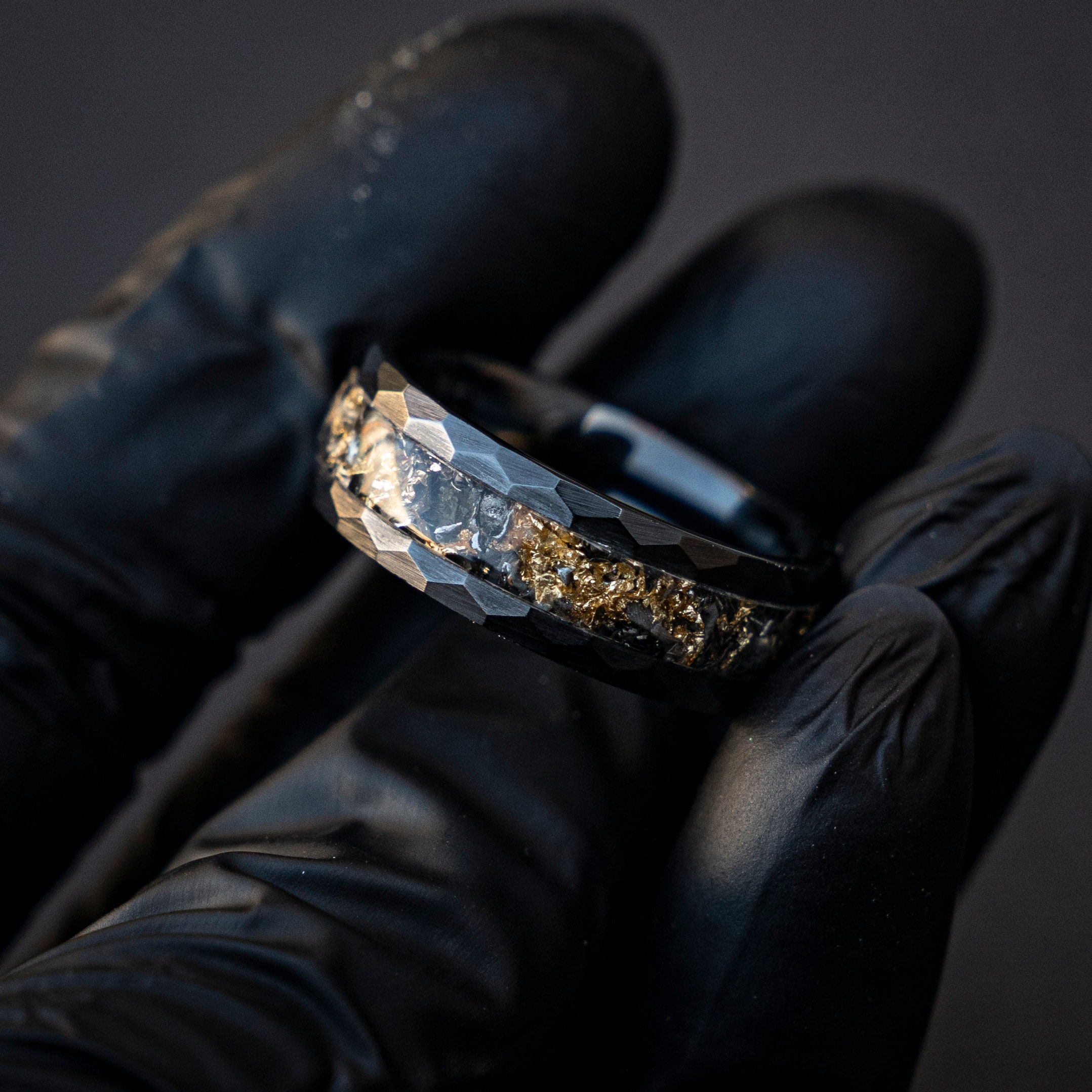 MATCHING SET OF HAMMERED BLACK ZIRCONIUM & 14K GOLD INLAY WEDDING BAND