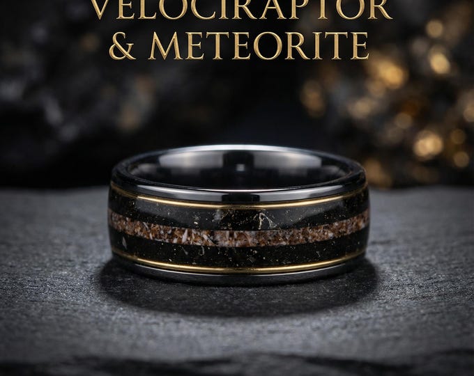 Spinosaurus/Megalodon Dinosaur bone ring, handmade jewelry, meteorite, tungsten wedding band, mens wedding band, unique ring | Decazi