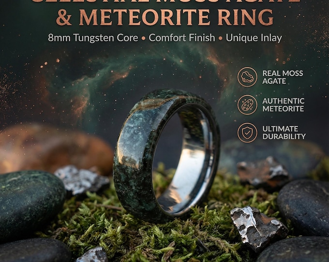 moss agate silver tungsten ring, moss agate engagement ring, moss agate jewelry, moss agate wedding ring set, green moss agate ring, Decazi