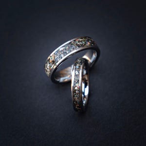 Spinosaurus Fossil Ring Set – Muonionalusta Meteorite Dust + Multi-Colour Opal Inlay – Matching Tungsten Wedding Bands 4mm & 6mm – Engraving