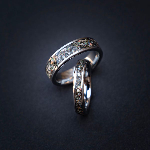 Spinosaurus Fossil Ring Set – Muonionalusta Meteorite Dust + Multi-Colour Opal Inlay – Matching Tungsten Wedding Bands 4mm & 6mm – Engraving