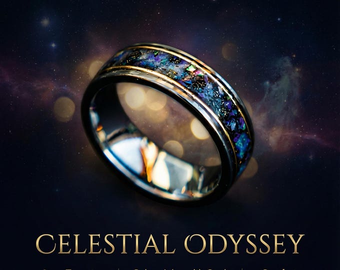 Galaxy opal ring with gold wire and meteorite, mens wedding band, tungsten ring set, unique, 2 tone, cool mens ring, his and hers rings.