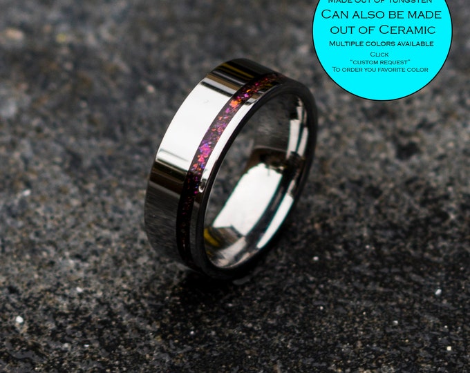 Tungsten ring for men. mens opal ring. Galaxy opal. male wedding ring. crushed opal ring. mens wedding ring. chameleon flakes.