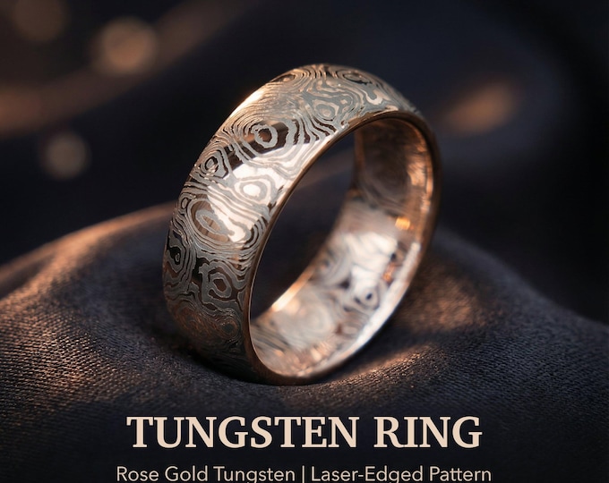 Rose Gold Tungsten Ring with laser edges damascus pattern, rose gold Wedding Band, Mens Wedding Ring, Men's Ring, Promise Ring | Decazi